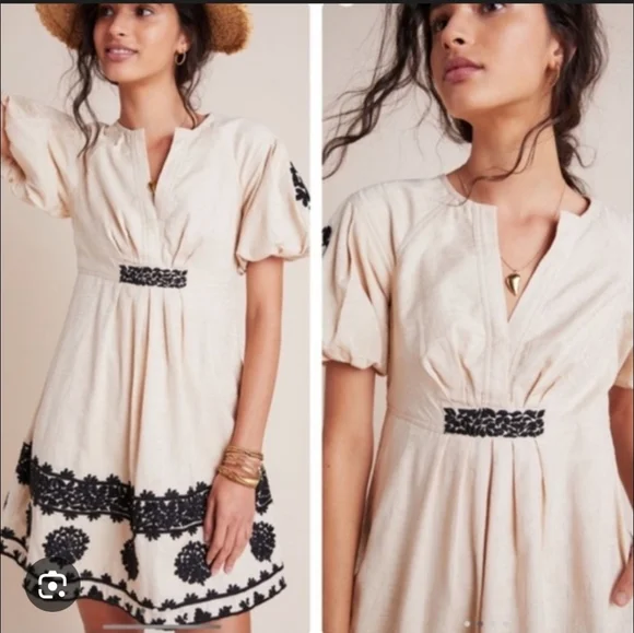 Anthropologie Cream Mini Dress with Black Embroidery Size 4 - Picture 1 of 14